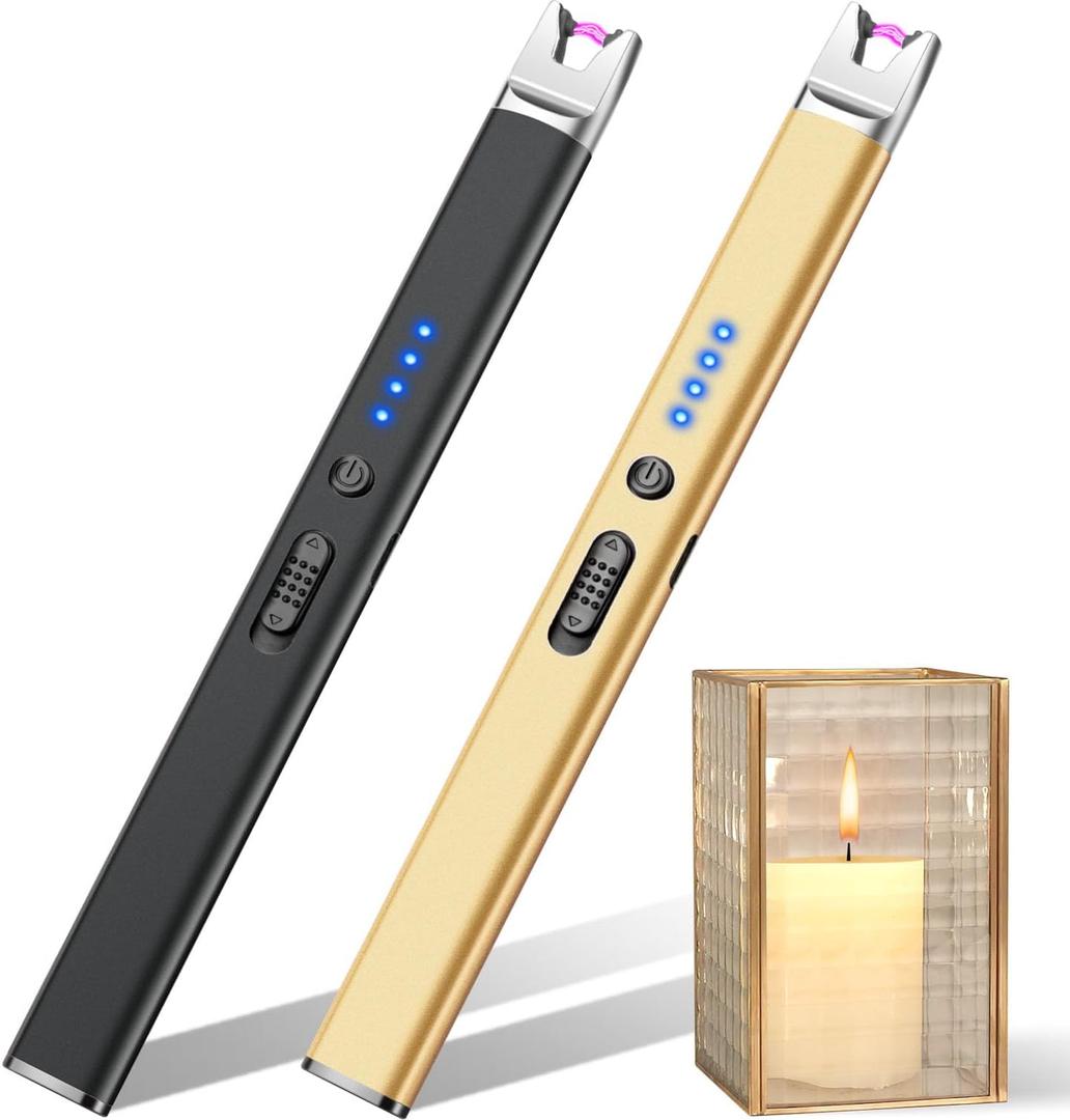 LcFun 2 Pack Candle Lighter USB Rechargeable Electric Plasma Arc Lighters with Safety Lock, Windproof Flameless Long Lighters Matches for Candle, Grill, BBQ, Camping, Gas Stoves (Black, Gold)