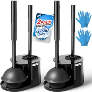 2Pack 2 in 1 Toilet Brush and Plunger Set, Extended Handle Plunger,Toilet Bowl Brush Plunger Set,Bathroom Cleaning Tools,Toilet Brush Plunger Combo,Cleaning Brush,Cleaning Supplies (Black)