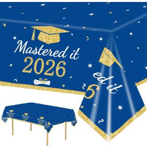 3 Pack Graduation Tablecloth Class of 2026 - Mastered it Royal Blue & Gold Graduation Decorations - Disposable Plastic Table Covers for Party Supplies (108 x 54 Inch)
