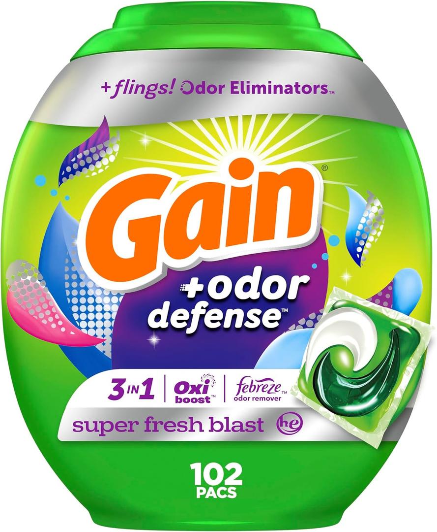 Gain Flings Laundry Detergent Pacs with Odor Defense, 102 Count, Super Fresh Blast Scent, HE 3in1 Detergent Pacs with Febreze and Oxi