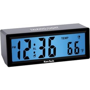 Sonnet Talking Alarm Clock for Visually Impaired, Elderly People, Blind, Hourly Voice Notifications, Blue Backlight Large Display Shows Time and Temperature, Loud for Heavy Sleepers by Ken-Tech, Black
