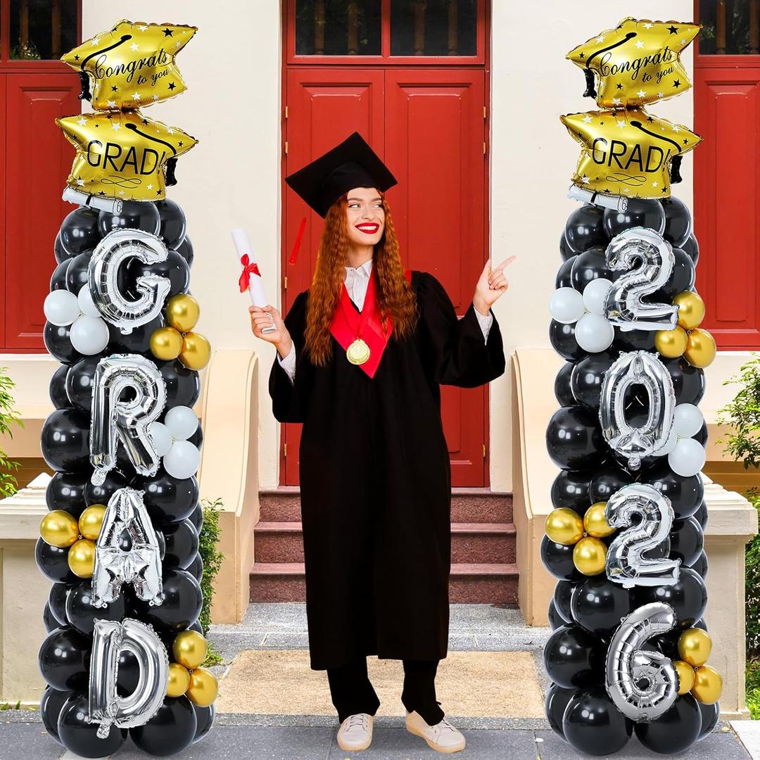 Hungdao 2 Sets Graduation Balloon Column Stand Kits with 174 Balloons 6.6ft Black Gold Balloon Tower Stand Kit with Base 2026 Graduation Adjustable Decorations for Grad Party Decor Supplies