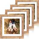 iRahmen 10x10 Picture Frame Set of 4 with Real Glass, Rustic Brown Frames Display 8x8 Picture with Mat or 10 x 10 Without Mat, Wooden Square Photo Frame for Wall Mount and Tabletop Display