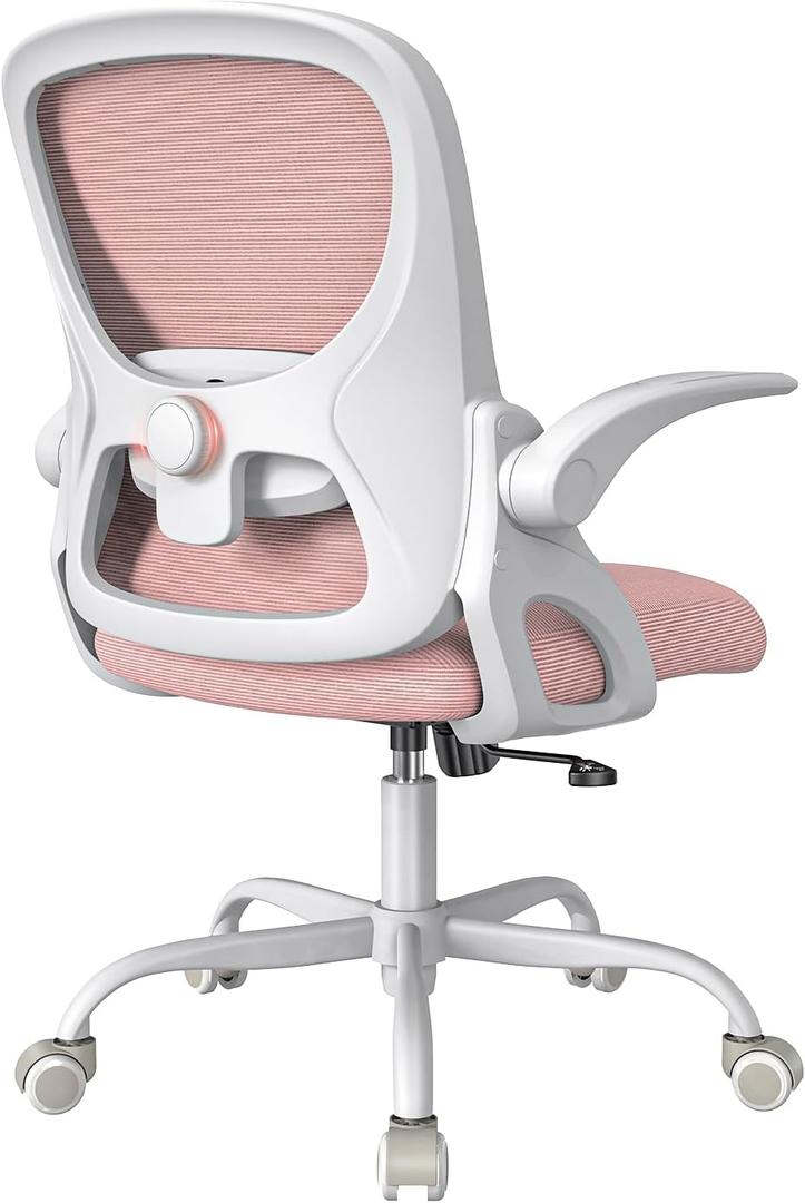 Home Office ChairErgonomic Mesh Desk Chair with Adjustable Lumbar Support, Flip-up Arm Rocking Swivel, Mid-Back Comfy Computer Chair (White-Pink)
