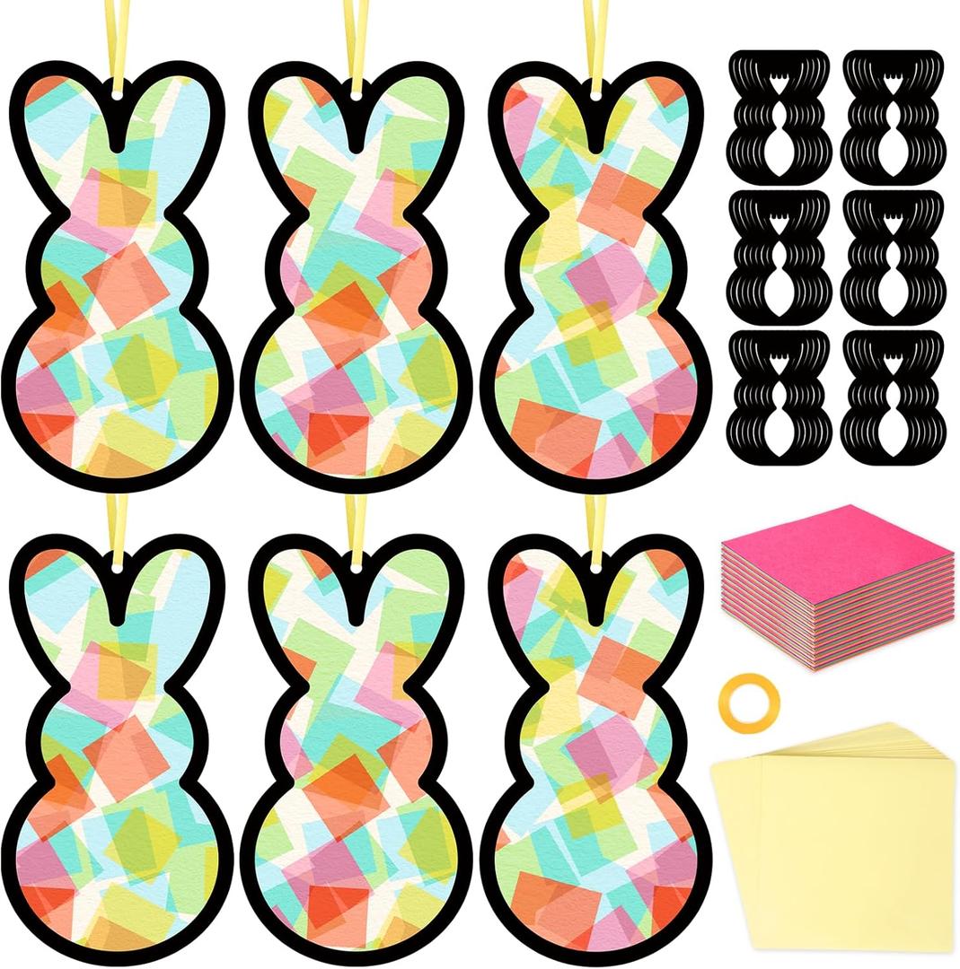 Qyeahkj 36 Set Easter Bunny Suncatchers Crafts for Kids DIY Colorful Rabbits Window Tissue Paper Craft Kit Hanging Decor for Easter Classroom Home Activity Art Project Birthday Party Favor