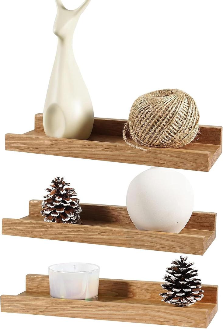 12 Inch Floating Shelves Wall Mounted, Solid Oak Wood Shelf for Decor and Storage, Picture Ledge for Bedroom Living Room Kitchen Kitchen, Set of 3