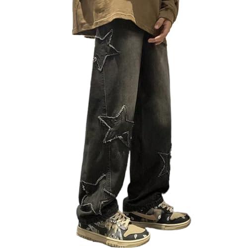 Mens Y2k Star Jeans High Waisted Hip Hop Streetwear Jeans Loose Baggy Embroidery Aesthetic Harajuku Denim Pants Black, Size 14x40 (XS)