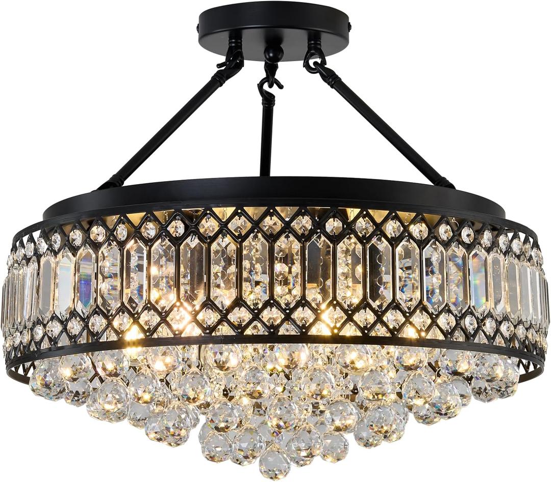 YYJLX Modern Crystal Chandelier Black Semi Flush Mount Ceiling Light Large Low Ceiling Chandelier for Living Room Dining Room Kitchen Bedroom Foyer Entryway, Diameter 20.07 inches, overall height 18.50 inches