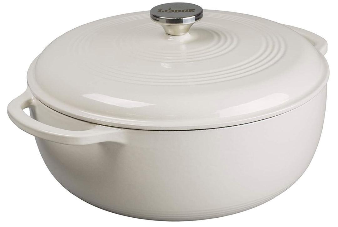 Lodge Essential Enamel Cast Iron Dutch Oven with Lid  Induction OvenSafe Enamel Cookware up to 500° F  HeatRetaining Braising & Roasting Pot  NonToxic Cookware  7.5 Quart, Oyster White