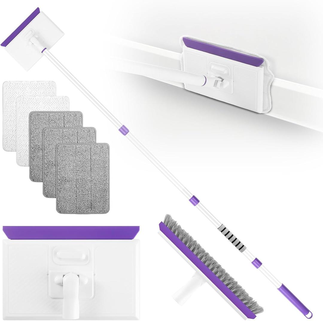 Baseboard Cleaner Tool with 60" Extendable Handle, 5 Reusable Pads | Microfiber & Chenille Pads, Dust-Locking Design, Safe On Walls And Moldings, Reaches Corners And Under Furniture