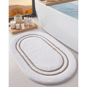 DEXI Oval Bath Mats for Bathroom, 24x43 Absorbent Bath Mat, Washable Microfiber Bathroom Rug with Non Slip Backing for Shower Floor, Beige