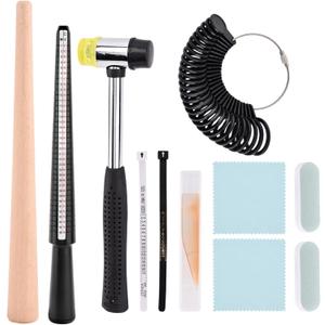 11 Pieces US UK Ring Mandrel Set, Ring Sizer Tools, Wood Ring Mandrel, Ring Sizer, Rubber Hammer, Plastic Ring Sizer Gauge, Buffing Bars, Polished Agate, Jewelry Cleaning Cloth