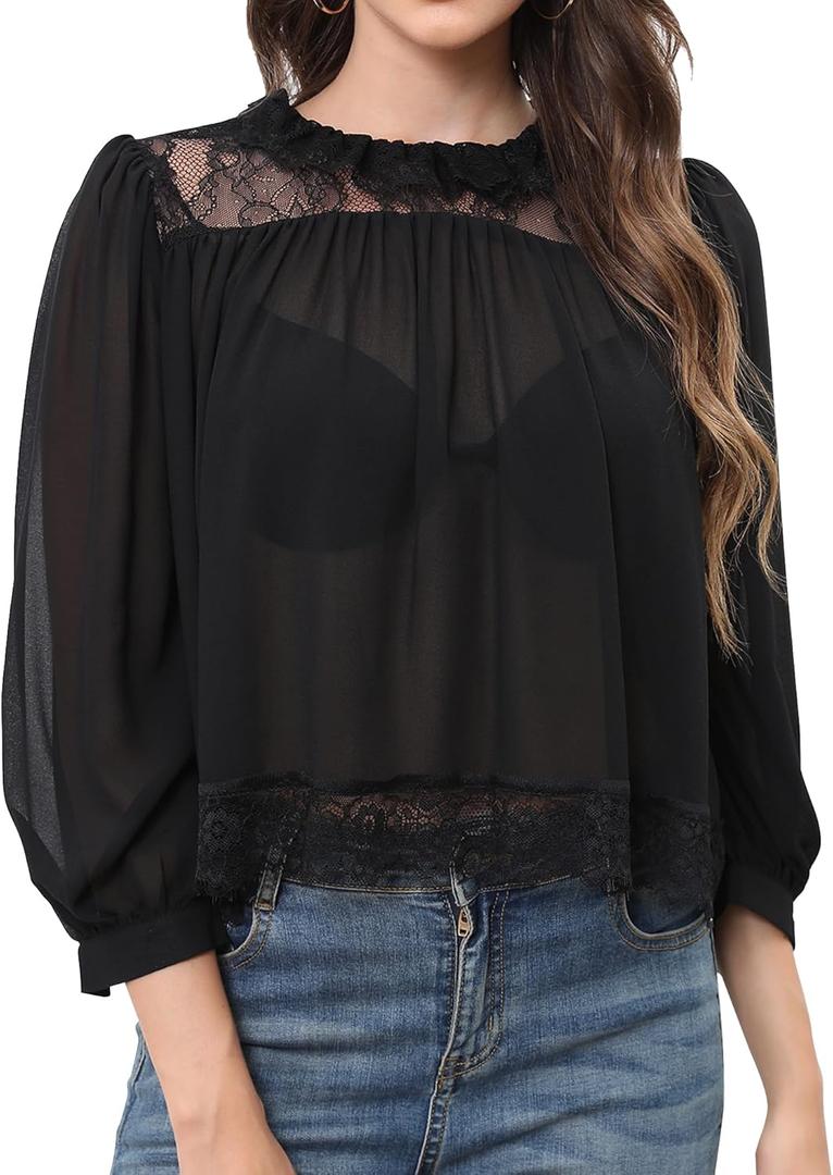 Womens Black Lace Inset Top Semi Sheer Blouse Ruffled Neckline 3/4 Sleeve Casual Shirt (Black, S)