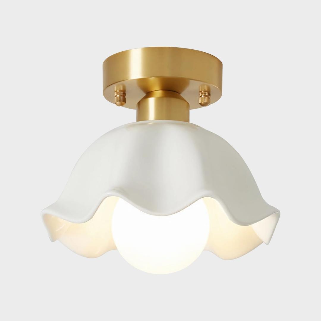 Modern Farmhouse Brass Semi Flush Mount Ceiling Light Milk Glass Light Fixture Gold Vintage Close to Ceiling Light Fixtures Small Hallway Semi Flush Light for Kitchen Dinning Room MCL10B