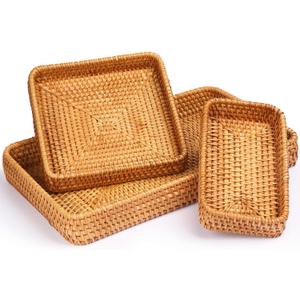 Rattan Tray Set of 3, Rectangular Woven Wicker Tray, Natural Wicker Rattan Serving Baskets for Table Kitchen Bathroom Counter Organizing (3pcs Rectangle Tay)