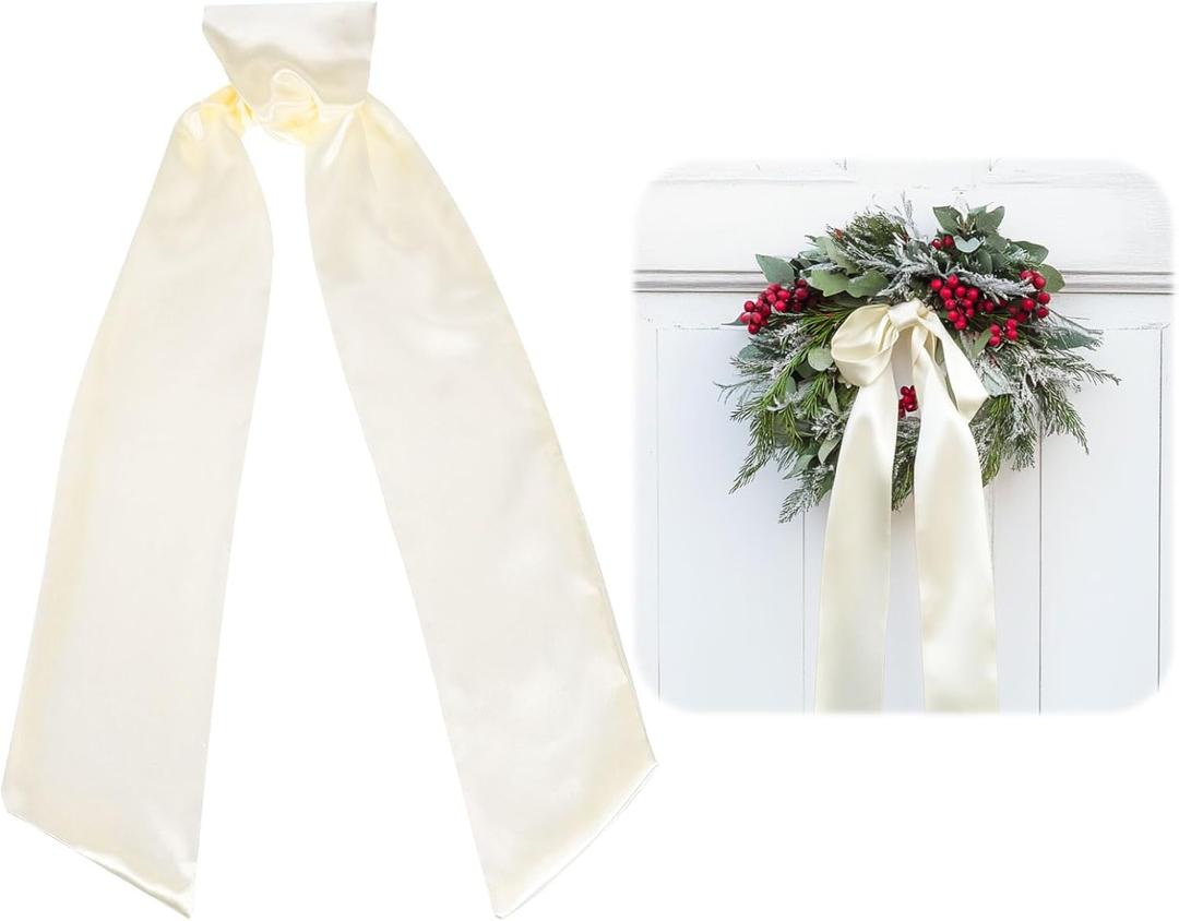 uxcell 2 Pcs Wreath Sash for Front Door 58" x 4" Blank Wreath Satin Sash Plain Wreath Accessories for Embroidery Monogram Home Yard Doorway Indoor Outdoor Decoration (Cream)