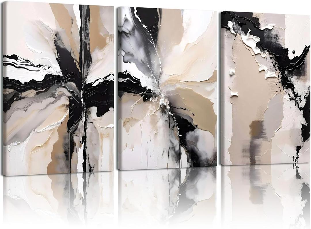 NCCXNCC 3 Pcs Abstract Canvas Wall Art in Black and Beige Modern Wall Decor Paintings Texture Posters Print Modern Geometric Pictures Artwork Suitable for Living Room Bedroom Home Office 16x24 inch