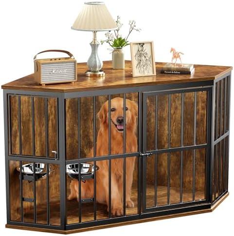 APRILSOUL 53 inch Furniture Dog Crate Corner, Dog Kennel Corner Wooden End Table with Bowl, Indoor Pet Crates Corner Side Table for Small/Medium/Large Dog, Wide Top Perfect for Limited Room