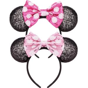 Mommy and Me Mouse Ears Headbands - 2 Pcs Glitter Bow Headbands for Kids, Girls, Women, Birthday, Christmas, Cosplay, Princess