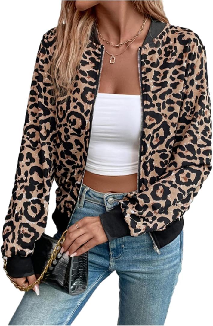 Milumia Women's Leopard Print Zip Up Bomber Jacket Long Sleeve Jackets Outwear (Medium, Khaki)