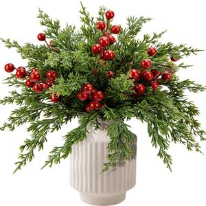 Watayo 60 Pcs Christmas Artificial Pine Branches with Red Berry Stems, 10.5" Faux Evergreen Norfolk Pine Cypress Leaves Stems, Fake Foliage Pine Needles Picks for DIY Craft Garland Home Decor
