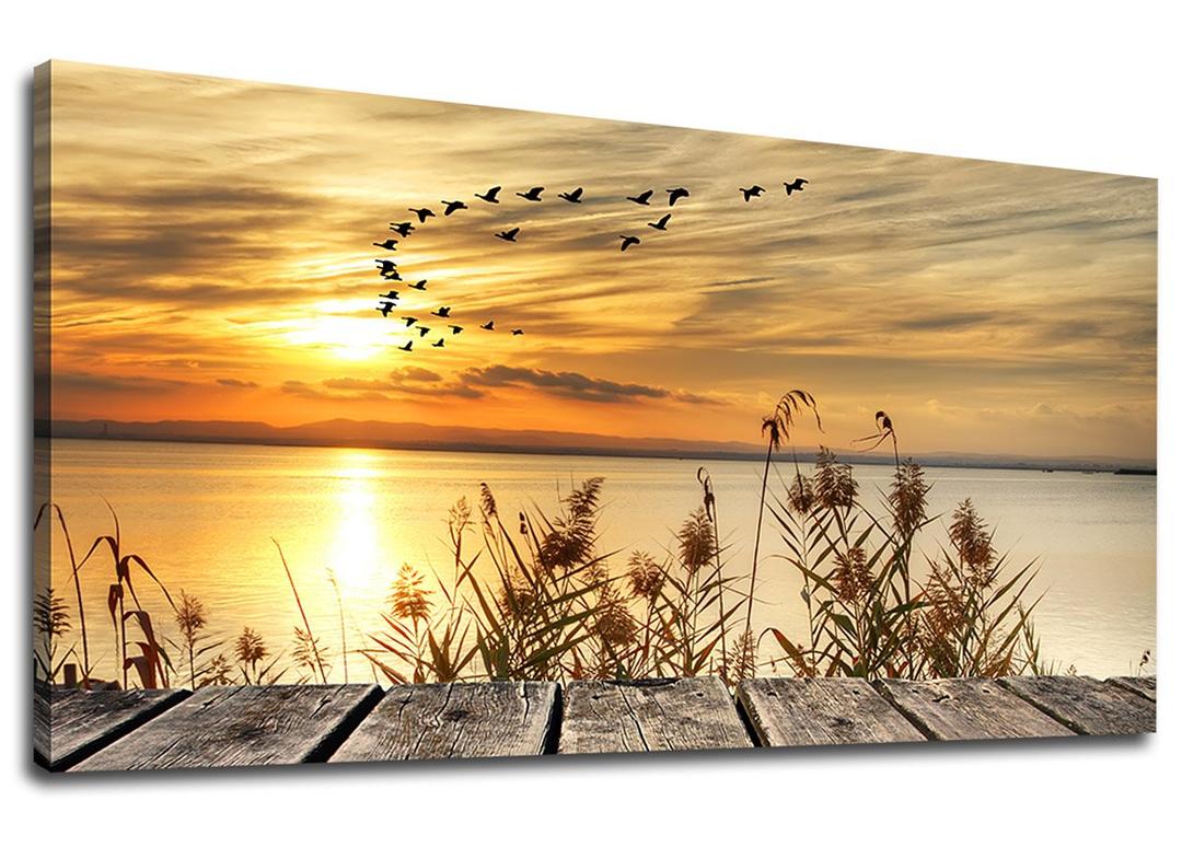 Wall Art Lake Sunset Canvas Art Autumn Nature Picture Dock Wooden Bridge Reeds Birds Flying Shore Dusk Contemporary Artwork for Bedroom Living Room Decoration Home Kitchen Office Wall Decor 29" x 58"