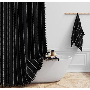 Shower Curtain, Linen Rustic Weighted Striped Fabric Shower Curtain Set with Tassel, Water Repellent, Bohemian Vintage Country Shower Curtains for Bathroom, Black and White, 72x72