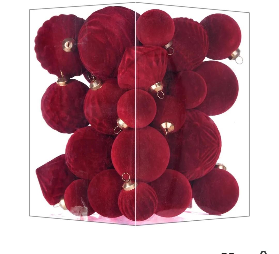 Flocked Ornaments for Christmas Tree Decorations - 12pcs Burgundy Velvet Ball Ornament for Winter Holiday Decor - Plastic Shatterproof Xmas Ornaments Bulk