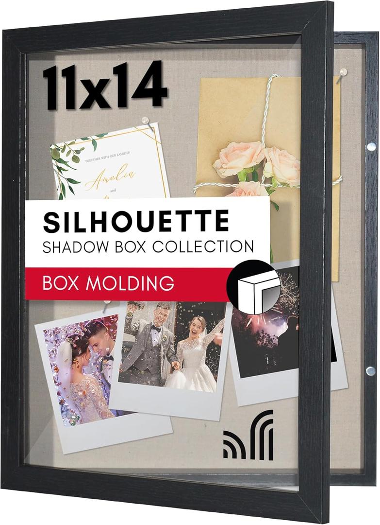 Americanflat Front Opening 11x14 Shadow Box Frame with Shatter-Resistant Glass - Silhouette Collection - Shadow Box Display Case for Tabletop and Wall Display - Black