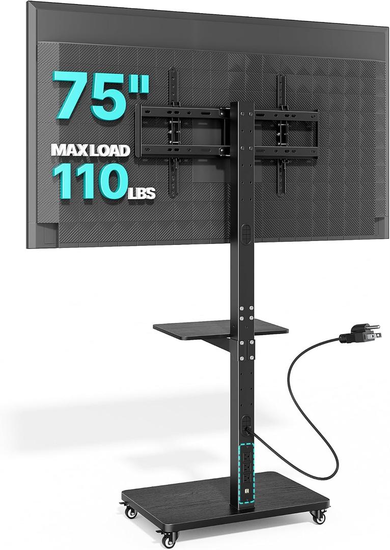 Rolling TV Stand with Power Outlet for 32-75 Inch TVs up to 110 lbs | Mobile TV Stand on Metal Wheels, Tilt & Swivel Portable TV Cart with Mount, Height Adjustable TV Cart with Wire Management