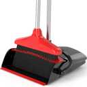 Broom with Dustpan Combo Set 54" Long Handle Adjustable Length Stainless Steel Broomstick Standing Dust Pan and Broom Set for Office Home Kitchen Lobby Floor Cleaning (Red and Black) (Black and Red)