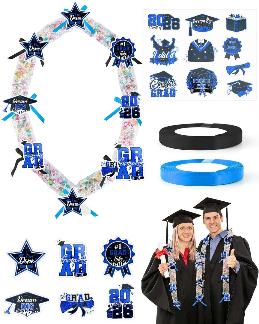 Romart 98 Pcs Graduation Candy Lei Making Kit 2026, Candy Lei Tubing Clear with Blue & Black Ribbons, DIY Candy Lei Wrapping Supplies with PE Bags Cards Stickers for Class of 2026 Grad Party Gifts
