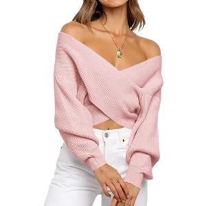 BTFBM Off The Shoulder Sweater for Women Winter Fall Fashion 2026 V Neck Long Sleeve Ribbed Knit Wrap Cropped Sweaters (Medium, Pink)
