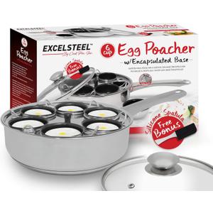 EXCELSTEEL Non Stick Easy Use Rust Resistant Home Kitchen Breakfast Brunch Induction Cooktop Egg Poacher, 6 Cup, Stainless Steel, Round