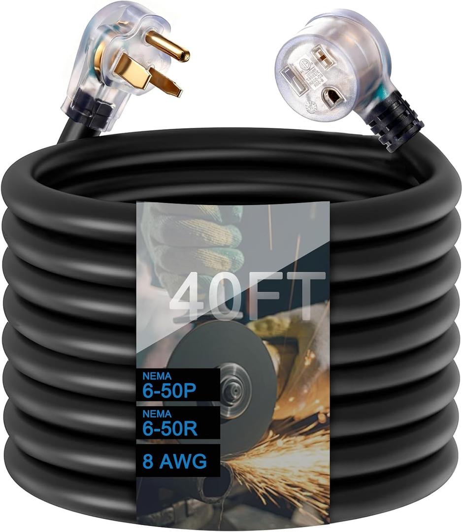 250 Volt Welder Extension Cord 40 Feet, NEMA 6-50 STW 8AWG/3C Heavy Duty Industrial Welder Cord with Lighted End, for Hobart, Lincoln, Miller Welder & EV Charger, ETL Listed