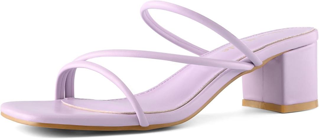 Shoe'N Tale Strappy Heels For Women Low Chunky Block Heel Heeled Sandals Square Open Toe Slip On Slides Mules (Purple), Size 7.5