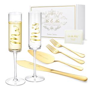 ROXBURGH Wedding Cake Knife and Server Set, Bride and Groom Mr and Mrs Champagne Flutes & Forks with Giftable Box, Cake Cutting Set for Wedding Engagement Bridal Shower Gifts