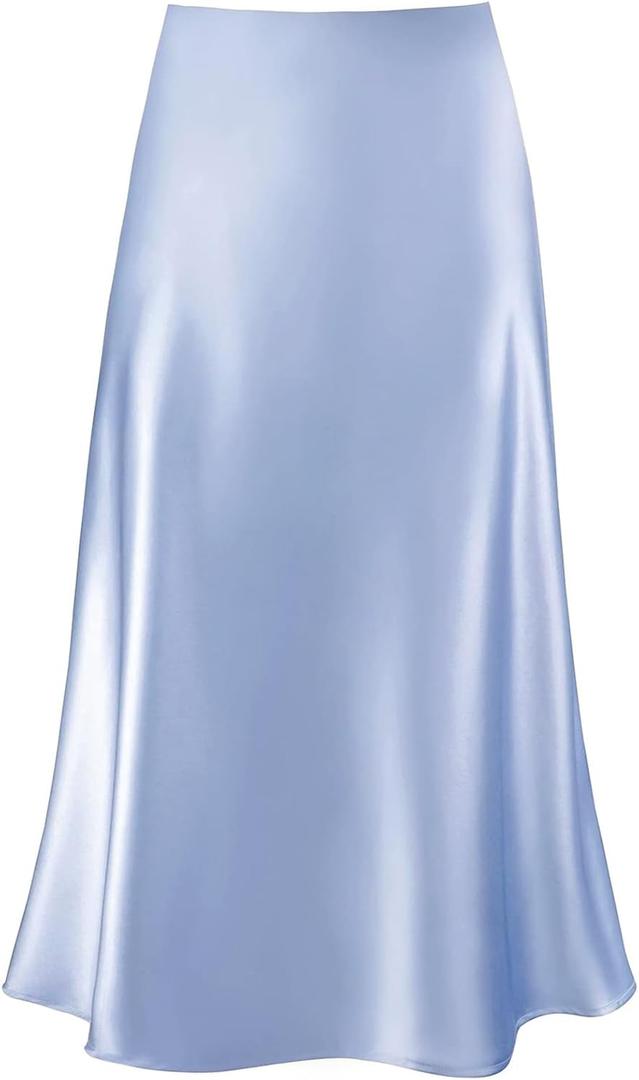 Modegal Women's Satin High Waist Hidden Elasticized Waistband Flared Casual A Line Midi Skirt (Blue, M)