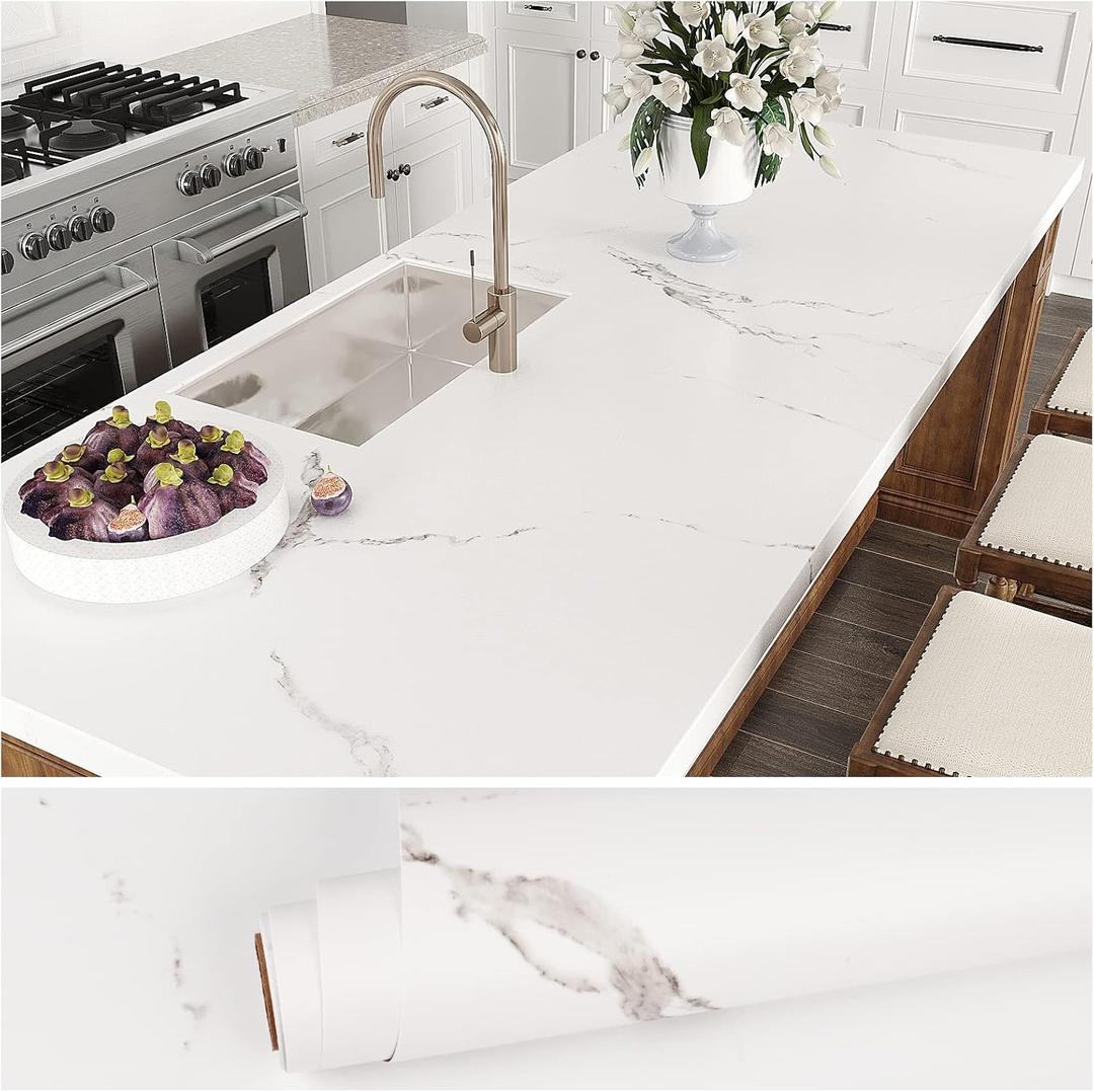 VEELIKE Wide Size 32''x354'' Matte Marble Countertop Contact Paper Waterproof White Peel and Stick Removable Granite Marble Countertop Wallpaper for Kitchen Bathroom Table Desk Walls