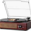 Vinyl Record Player with 2 Stereo Speakers Belt-Driven Vintage Turntables 3 Speed 3 Size Wireless Bluetooth Playback AUX-in RCA Out Headphone LP Vinyl Players Auto Stop Red Wood