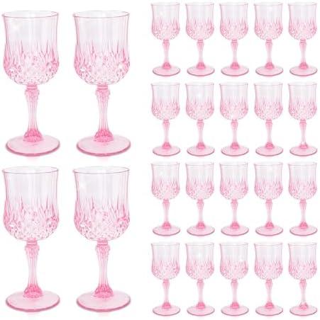 CHLJAR 24 PCS Plastic Pink Wine Glasses Goblets Pink Vintage Wine Glasses, Reusable Drinkware Vintage Champagne, Plastic Goblets for Parties for Wedding Reception Grand Event Party, 7oz