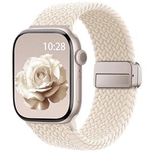 Braided Stretchy Band Compatible with Apple Watch Bands 38mm 40mm 41mm 42mm 44mm 45mm 46mm 49mm Women Men, Soft Nylon Solo Loop Magnetic Sport Strap for iWatch Series 11 10 9 8 7 6 5 4 3 2 1 SE Ultra, Starlight