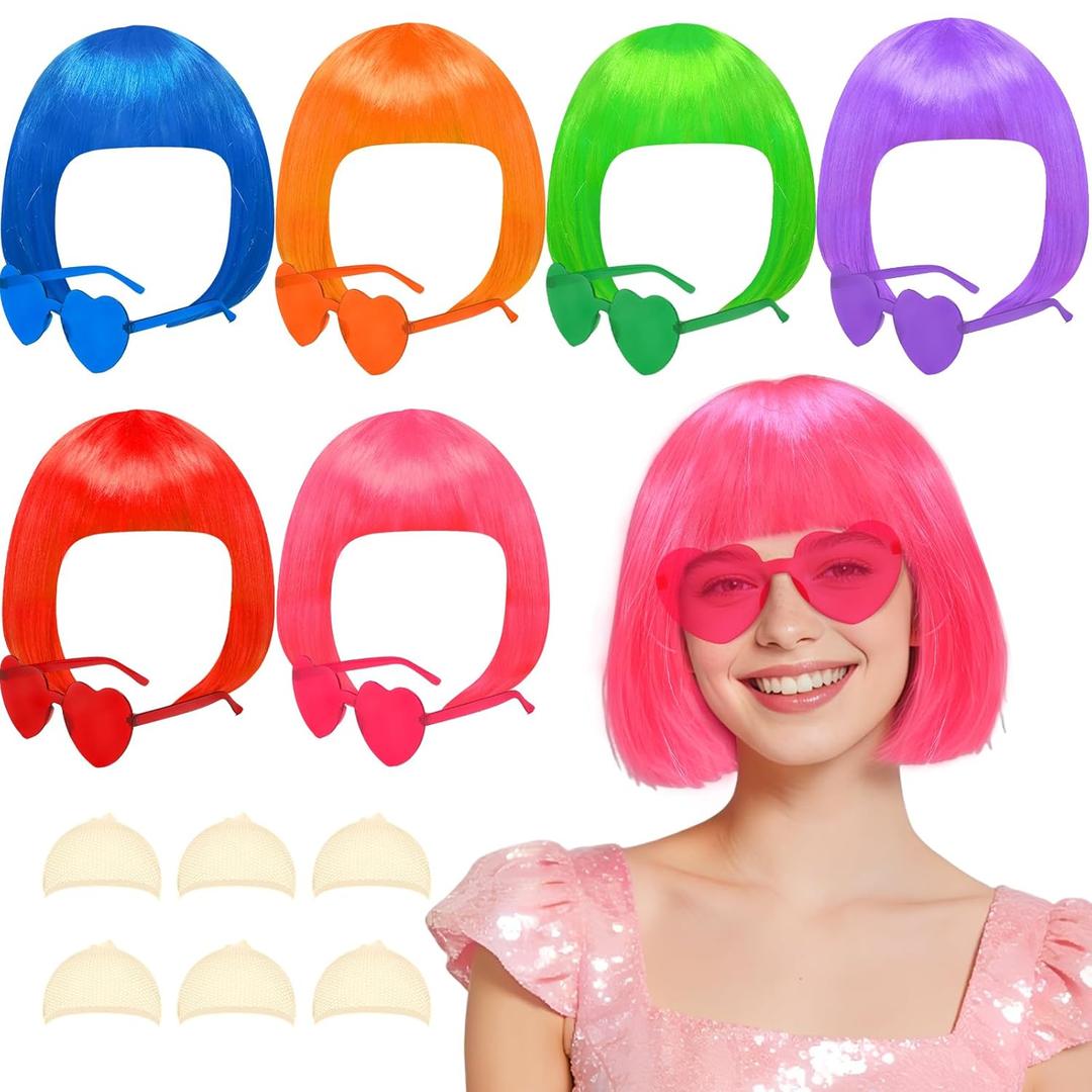 6 Pack Colored Short Bob Wigs and 6 Pcs Heart Sunglass Set, Neon Colorful Party Hair Wig for Women Costume Cosplay (Dark)