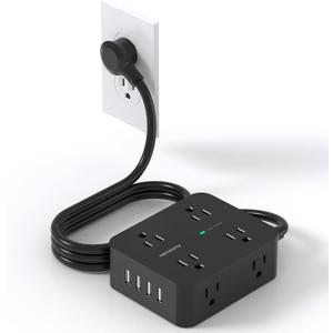 HANYCONY Power Strip Surge Protector, 5 Ft Exetnsion Cord with Multiple Outlets, Outlet Extender with 4 USB Ports, Flat Plug, Wall Mount for Home Office Dorm Room Essentials, ETI Listed, Black