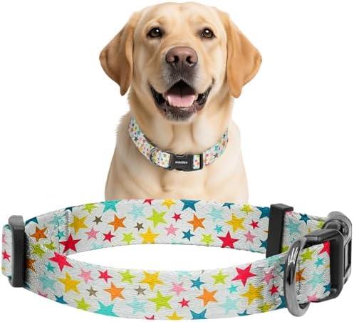 Kazazoo Dog Collar Cute and Soft Nylon Puppy Collar for Boy and Girl, Adjustable Dog Collars for Medium Large Dogs, Colorful Stars-L Pack of 2