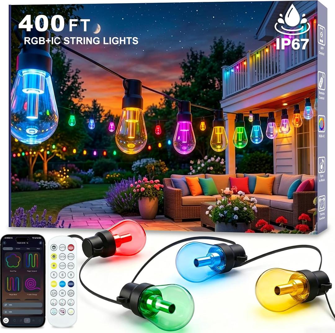 Beizelte Outdoor String Lights, 400FT RGB+IC Outside Light Dimmable Shatterproof LED Bulbs, IP67 Waterproof Chasing Effect Lighting DreamColor Patio Strip Lights for Backyard, Balcony, Outdoor Living