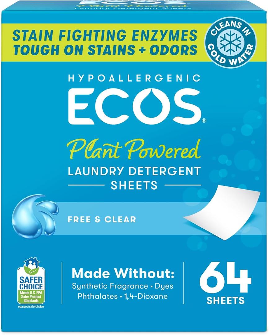 ECOS Laundry Detergent Sheets Vegan, No Plastic Jug, No Mess & Liquid Free - Hypoallergenic, Plant Powered Laundry Detergent Sheet - Free and Clear - 64 Count (Pack of 1)