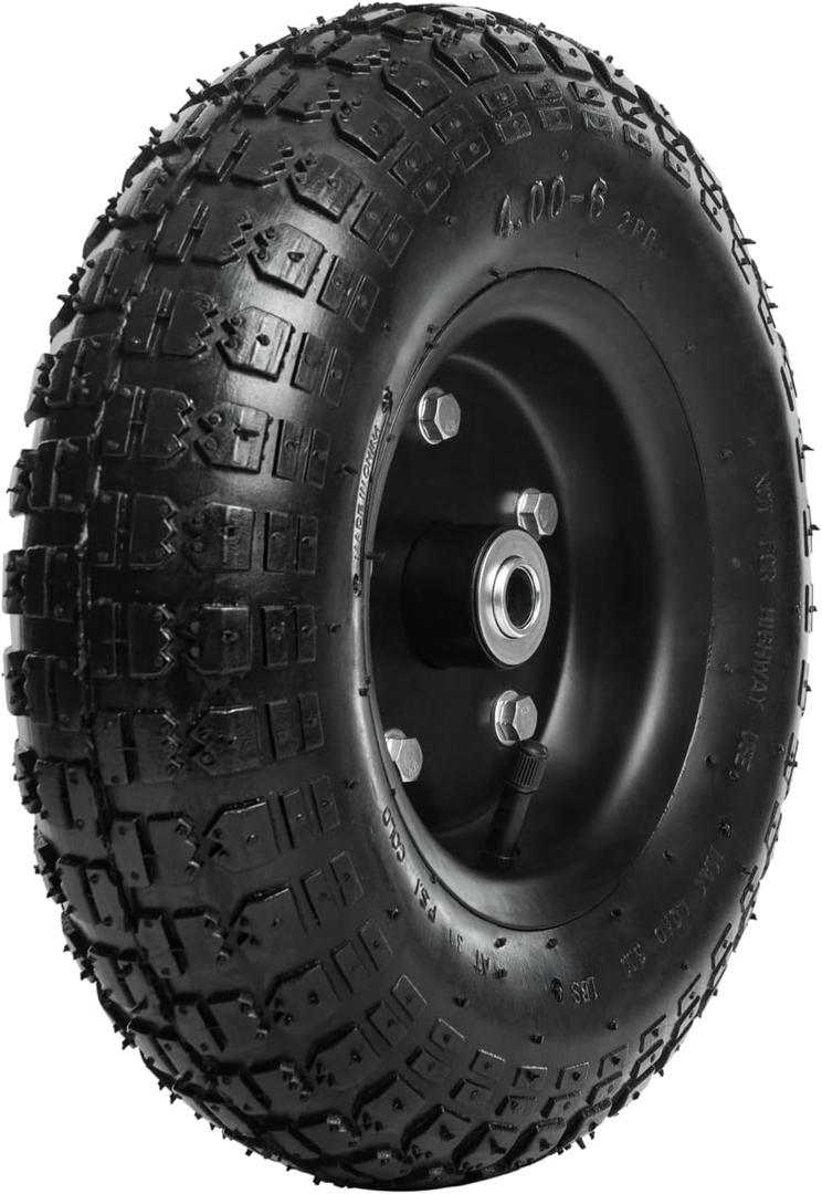 13 Inch 1 PC Rubber Pneumatic Replacement Tires and Wheels 4.00-6 with 5/8'' Bearing and 3.15'' Offset Hub, Anti-slip Inflated Air Wheel for Garden Wagon/Hand Truck/Trolley/Garden Scooter etc.