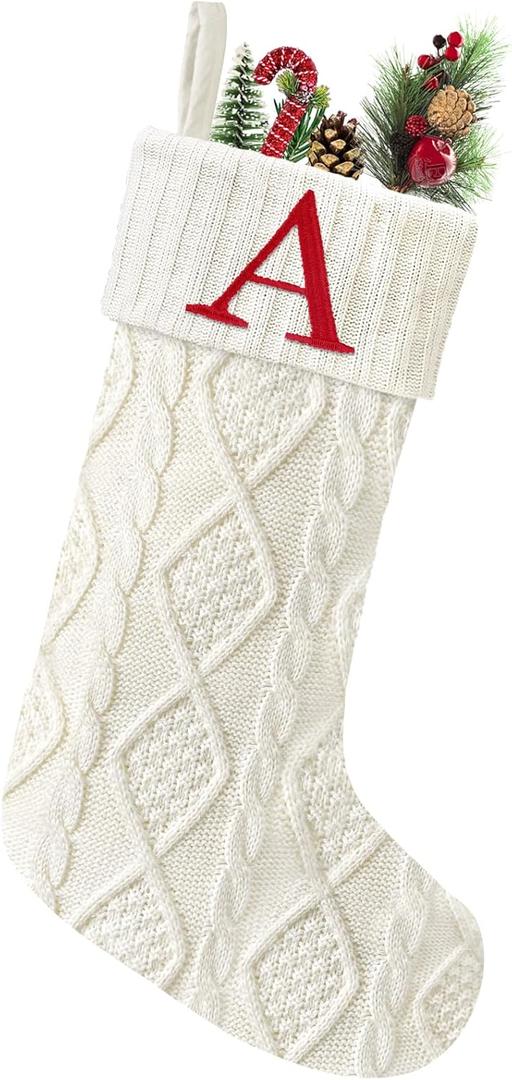 Senneny Christmas Stockings with Initials, 20” Large Embroidered Monogram Knitted Stockings for Family, Kids, Xmas Holiday Party Gifts & Decoration for Fireplace, White, Letter A