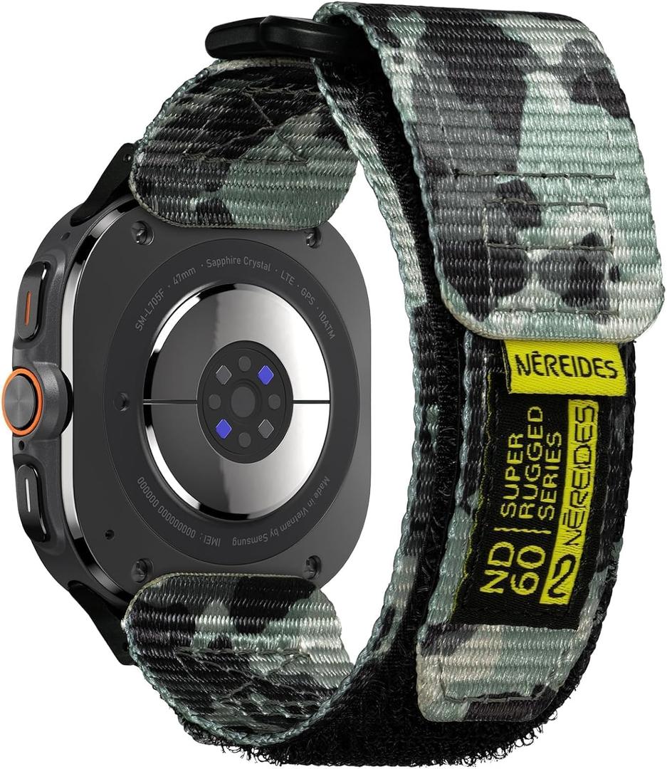 Nereides Rugged Nylon Band for Samsung Galaxy Watch Ultra (2025/2024) 47mm, One-Click No Gap Woven Fabric Strap, Adjustable Sport Wristband for Men Women (Green Camo)